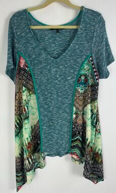 Citron XL Knit Tunic Top Wearable Art Asymmetrical Blue Patchwork Boho Lagenlook